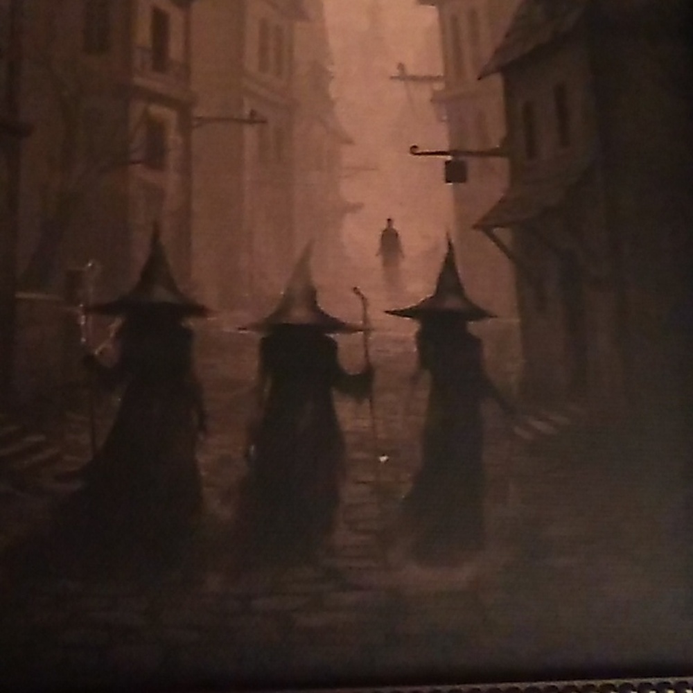 Framed Gothic Village Wall Art in Dark Brown and Black 3 Witches